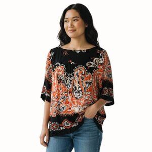 Ann Taylor LOFT Black Orange Paisley Boho Blouse XS Peasant Top Lightweight